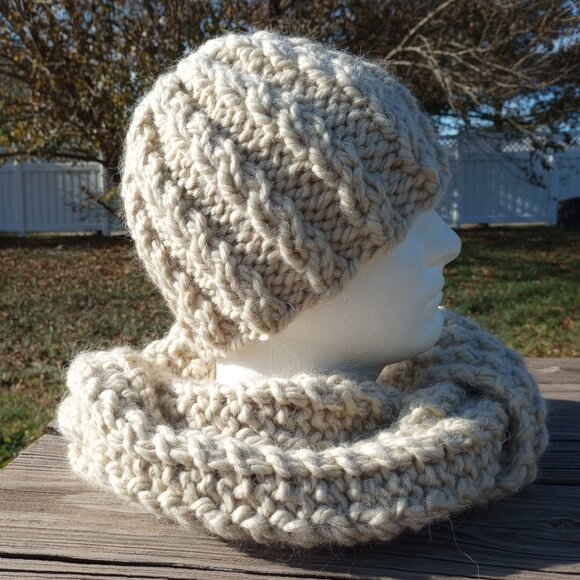 Womens Handmade Alpaca Beanie Hat and Scarf Set Beige Cable Knit Chunky Combo main image 8